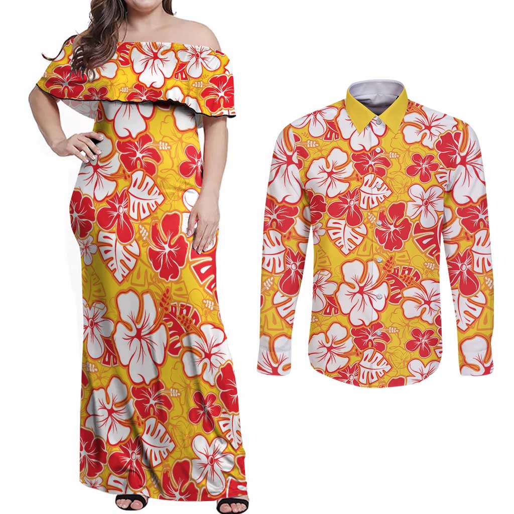 Yellow Hawaii Hibiscus Couples Matching Off Shoulder Maxi Dress and Long Sleeve Button Shirt Tropical Flowers Seamless Pattern - Polynesian Pride