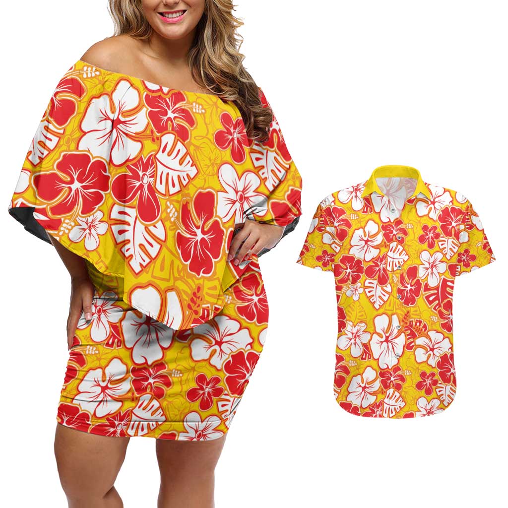 Yellow Hawaii Hibiscus Couples Matching Off Shoulder Short Dress and Hawaiian Shirt Tropical Flowers Seamless Pattern LT14 Yellow - Polynesian Pride