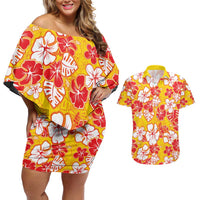 Yellow Hawaii Hibiscus Couples Matching Off Shoulder Short Dress and Hawaiian Shirt Tropical Flowers Seamless Pattern LT14 Yellow - Polynesian Pride