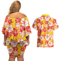 Yellow Hawaii Hibiscus Couples Matching Off Shoulder Short Dress and Hawaiian Shirt Tropical Flowers Seamless Pattern LT14 - Polynesian Pride