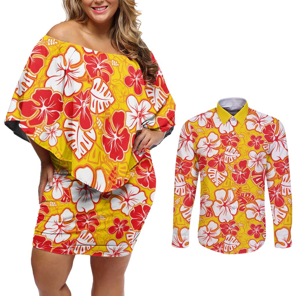 Yellow Hawaii Hibiscus Couples Matching Off Shoulder Short Dress and Long Sleeve Button Shirt Tropical Flowers Seamless Pattern - Polynesian Pride