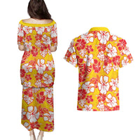 Yellow Hawaii Hibiscus Couples Matching Puletasi and Hawaiian Shirt Tropical Flowers Seamless Pattern LT14 - Polynesian Pride