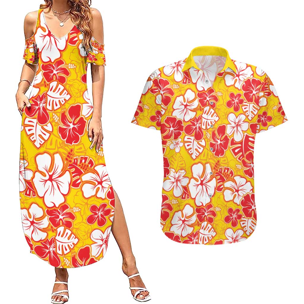 Yellow Hawaii Hibiscus Couples Matching Summer Maxi Dress and Hawaiian Shirt Tropical Flowers Seamless Pattern LT14 Yellow - Polynesian Pride