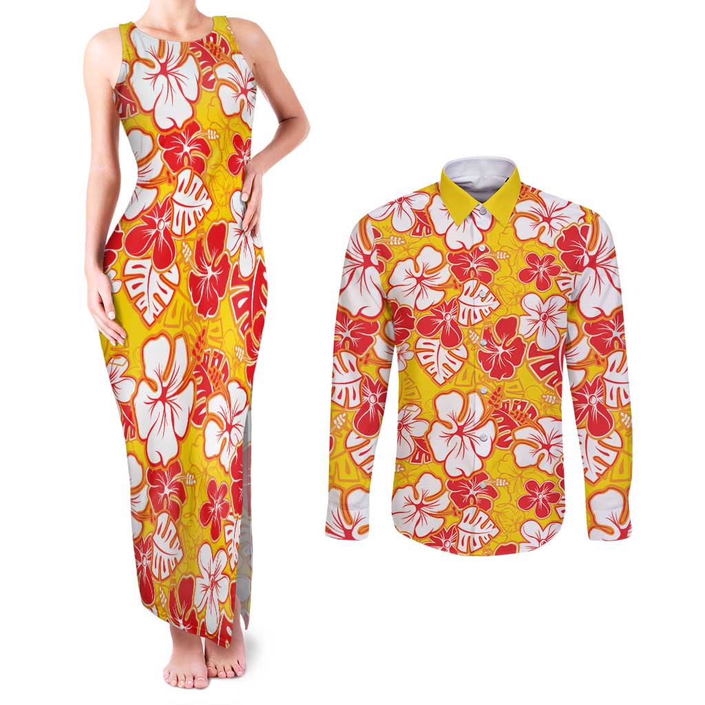 Yellow Hawaii Hibiscus Couples Matching Tank Maxi Dress and Long Sleeve Button Shirt Tropical Flowers Seamless Pattern - Polynesian Pride