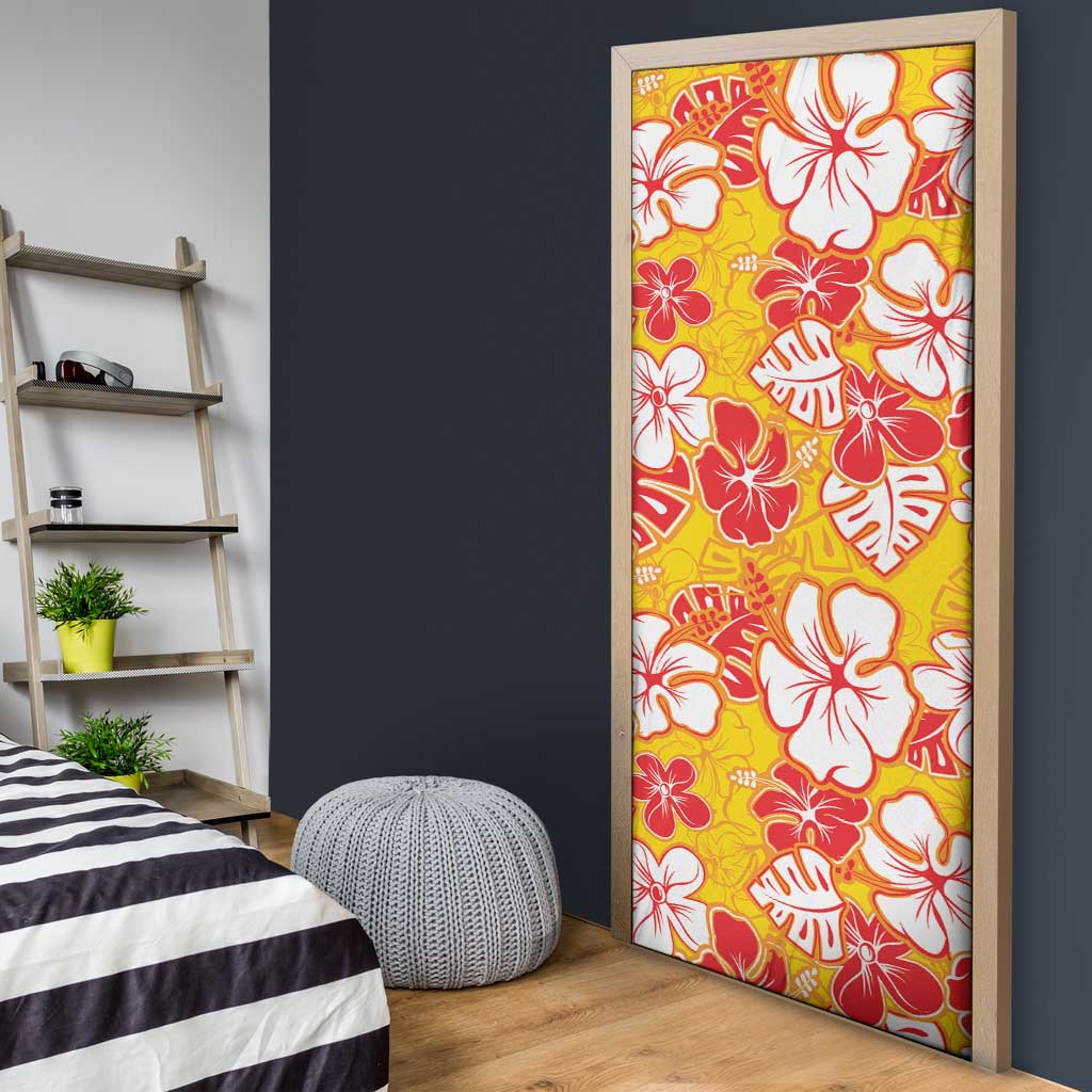 Yellow Hawaii Hibiscus Door Cover Tropical Flowers Seamless Pattern - Polynesian Pride