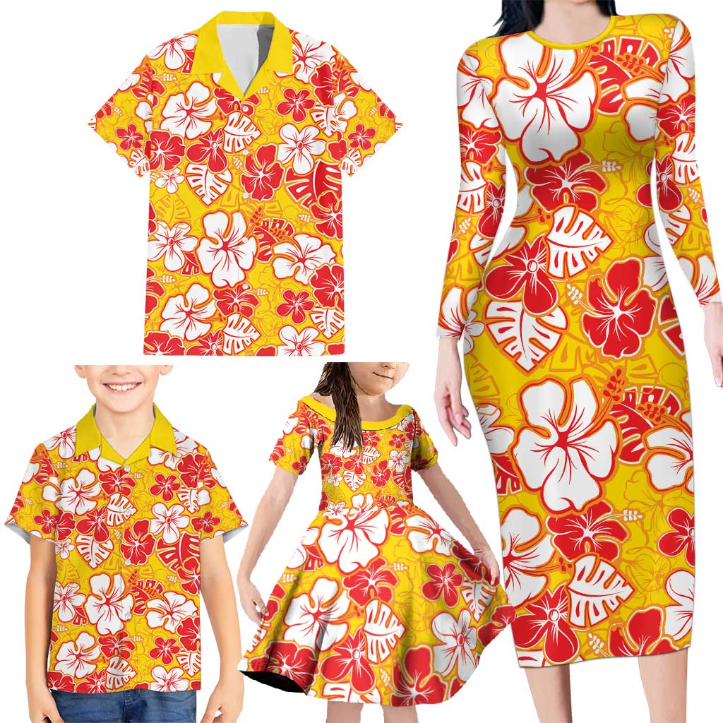 Yellow Hawaii Hibiscus Family Matching Long Sleeve Bodycon Dress and Hawaiian Shirt Tropical Flowers Seamless Pattern - Polynesian Pride