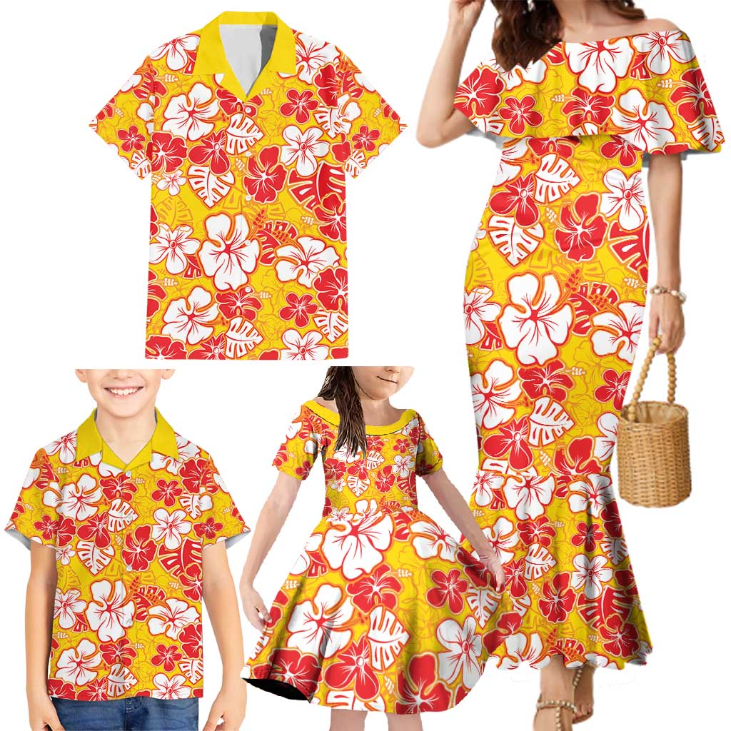 Yellow Hawaii Hibiscus Family Matching Mermaid Dress and Hawaiian Shirt Tropical Flowers Seamless Pattern - Polynesian Pride