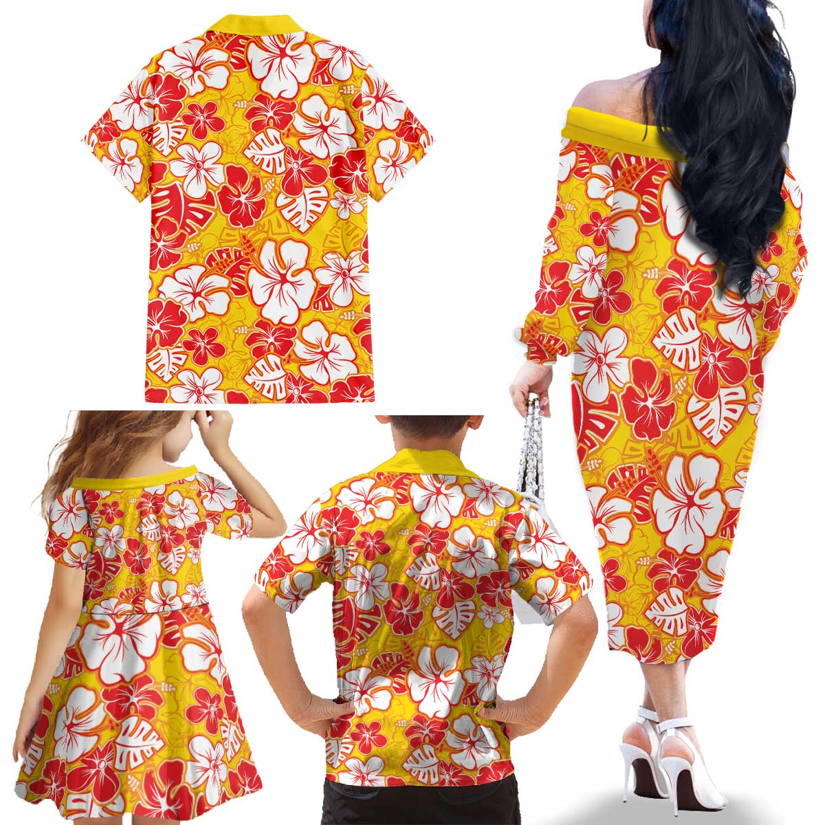 Yellow Hawaii Hibiscus Family Matching Off The Shoulder Long Sleeve Dress and Hawaiian Shirt Tropical Flowers Seamless Pattern - Polynesian Pride