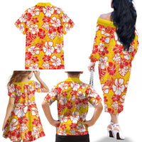 Yellow Hawaii Hibiscus Family Matching Off The Shoulder Long Sleeve Dress and Hawaiian Shirt Tropical Flowers Seamless Pattern - Polynesian Pride