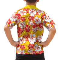 Yellow Hawaii Hibiscus Family Matching Short Sleeve Bodycon Dress and Hawaiian Shirt Tropical Flowers Seamless Pattern LT14 - Polynesian Pride