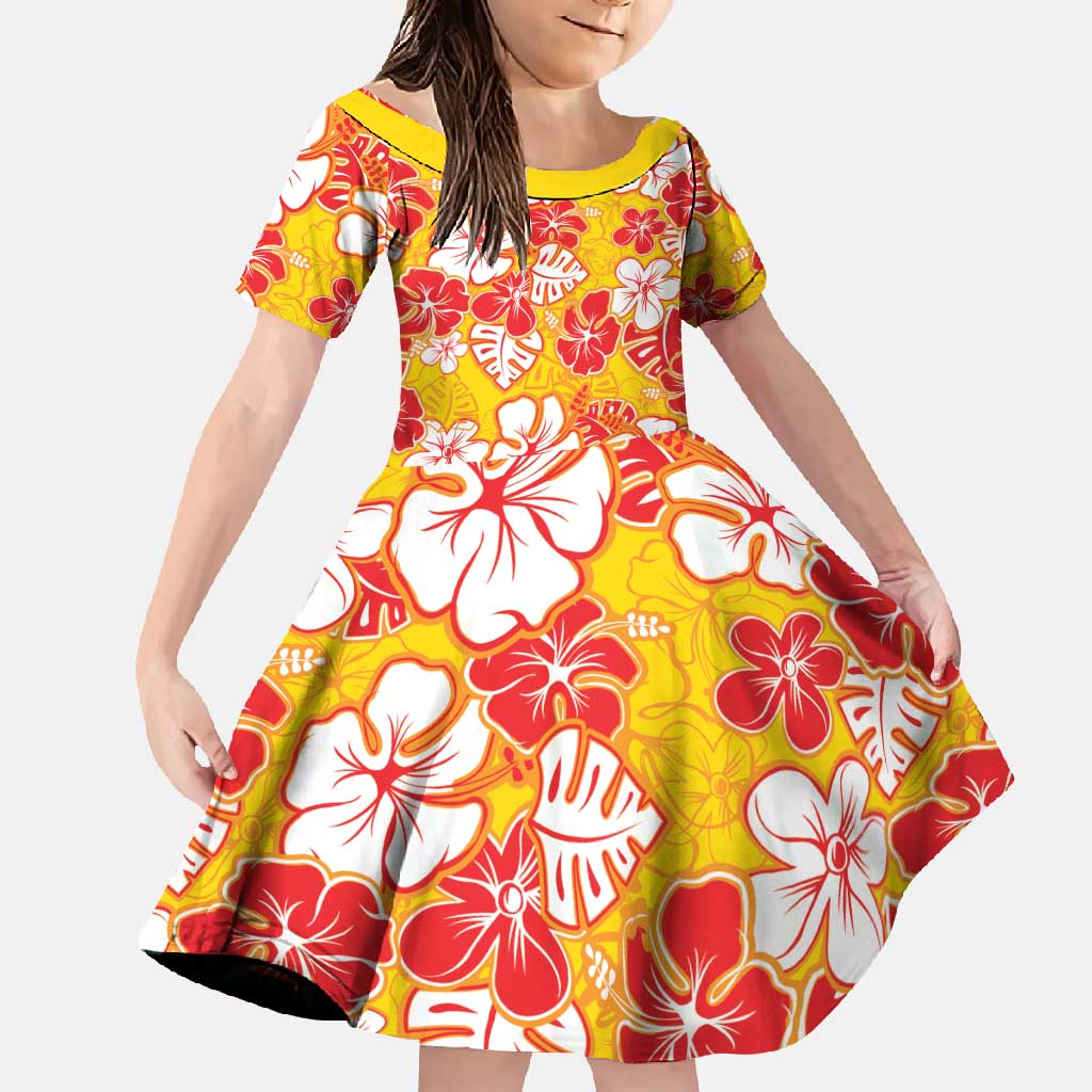 Yellow Hawaii Hibiscus Family Matching Summer Maxi Dress and Hawaiian Shirt Tropical Flowers Seamless Pattern LT14 Daughter's Dress Yellow - Polynesian Pride