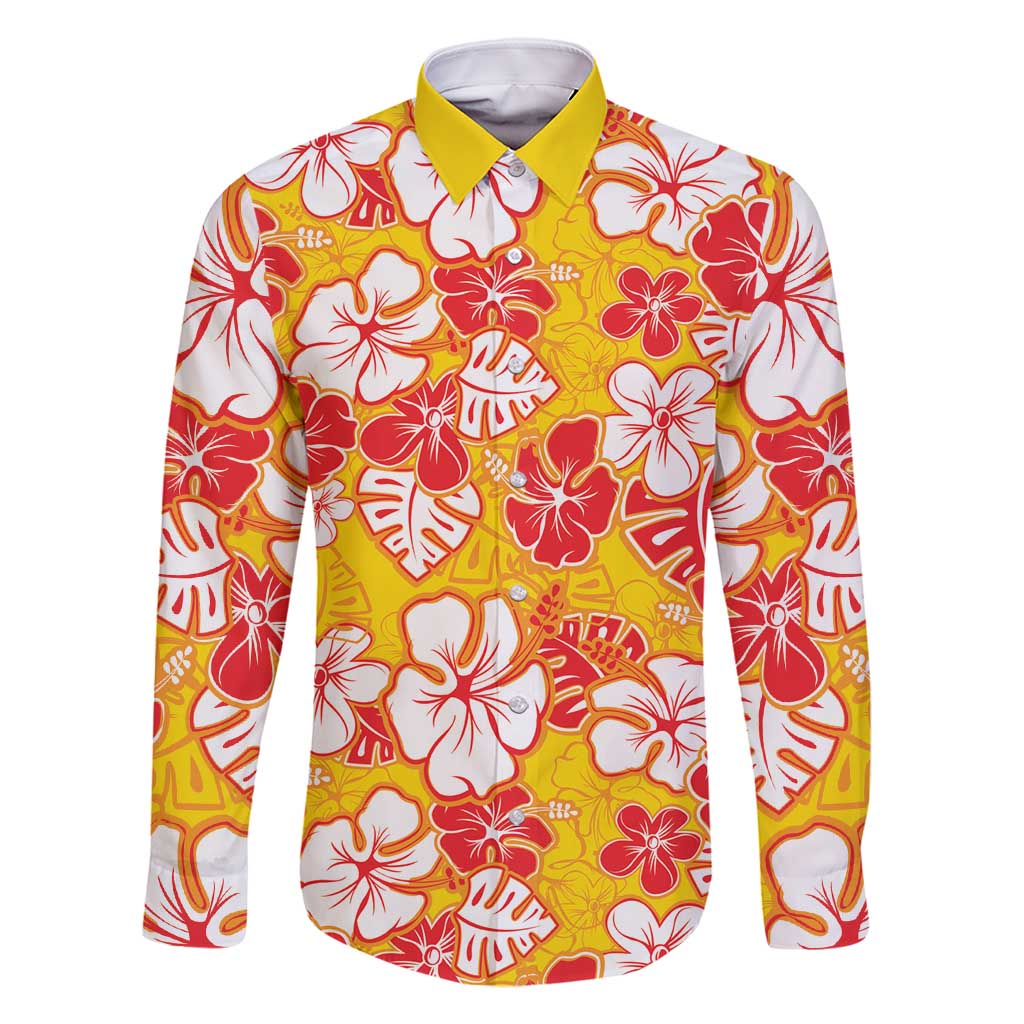 Yellow Hawaii Hibiscus Family Matching Summer Maxi Dress and Hawaiian Shirt Tropical Flowers Seamless Pattern LT14 Dad's Shirt - Long Sleeve Yellow - Polynesian Pride
