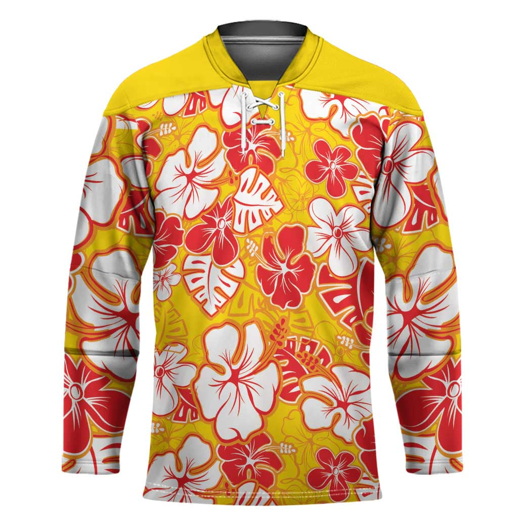 Yellow Hawaii Hibiscus Hockey Jersey Tropical Flowers Seamless Pattern - Polynesian Pride