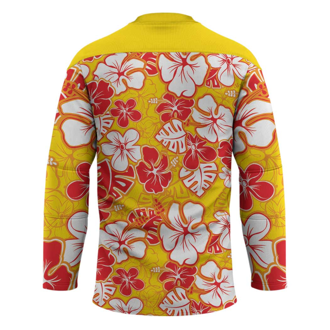Yellow Hawaii Hibiscus Hockey Jersey Tropical Flowers Seamless Pattern - Polynesian Pride