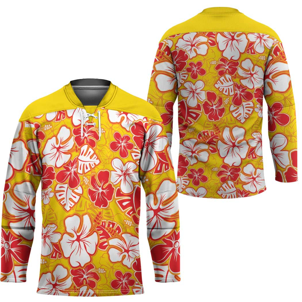 Yellow Hawaii Hibiscus Hockey Jersey Tropical Flowers Seamless Pattern - Polynesian Pride