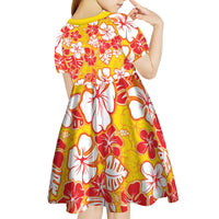 Yellow Hawaii Hibiscus Kid Short Sleeve Dress Tropical Flowers Seamless Pattern - Polynesian Pride