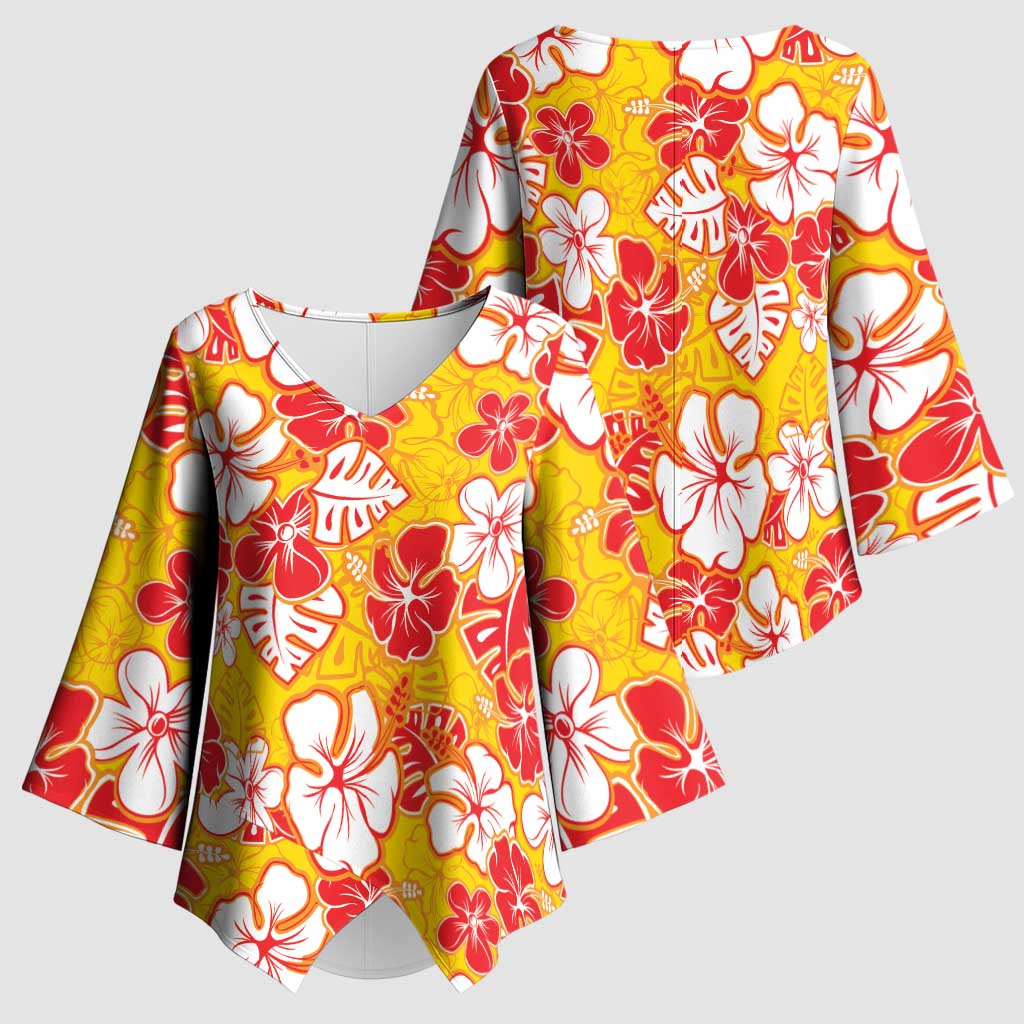 Yellow Hawaii Hibiscus Kimono Sleeve Blouse Tropical Flowers Seamless Pattern - Polynesian Pride
