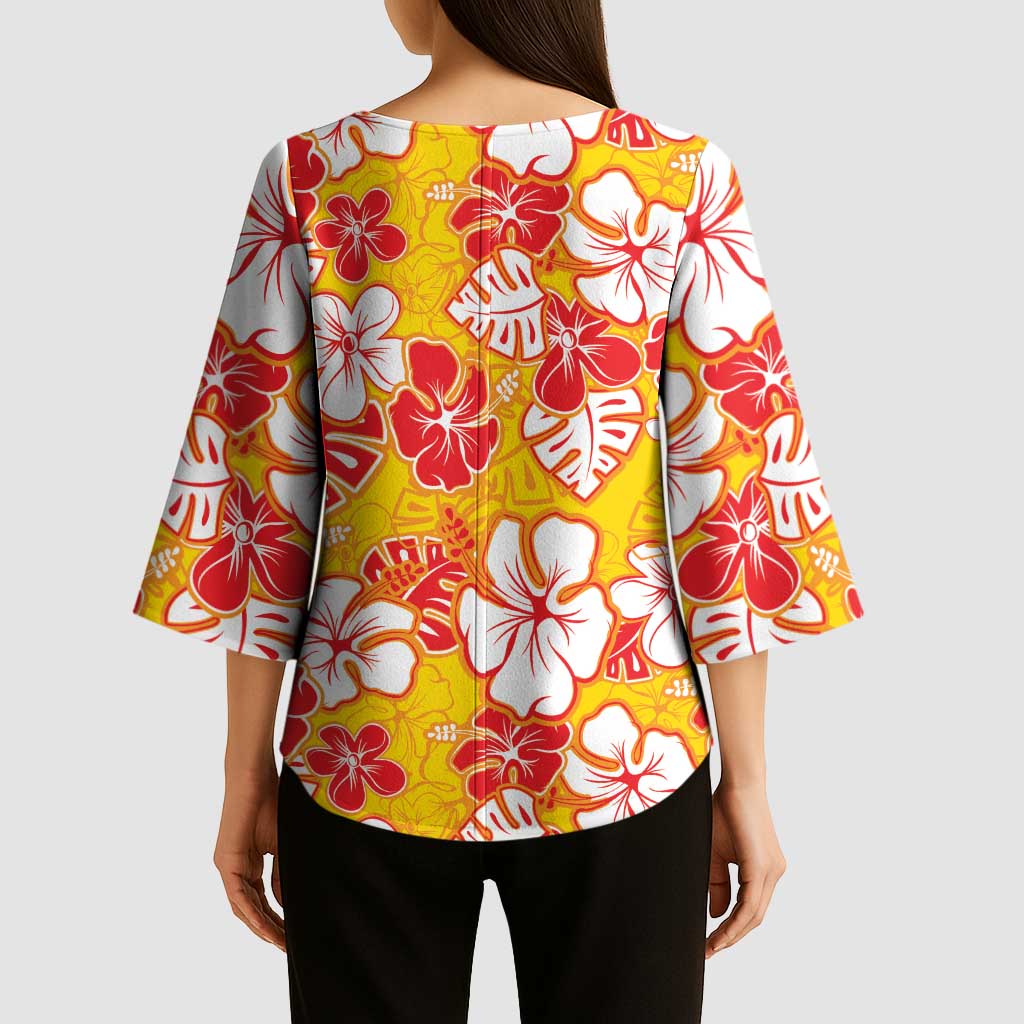 Yellow Hawaii Hibiscus Kimono Sleeve Blouse Tropical Flowers Seamless Pattern - Polynesian Pride