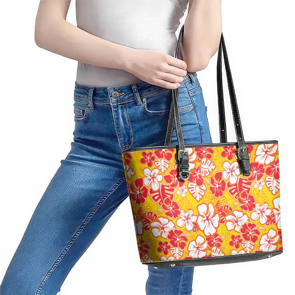Yellow Hawaii Hibiscus Leather Tote Bag Tropical Flowers Seamless Pattern - Polynesian Pride