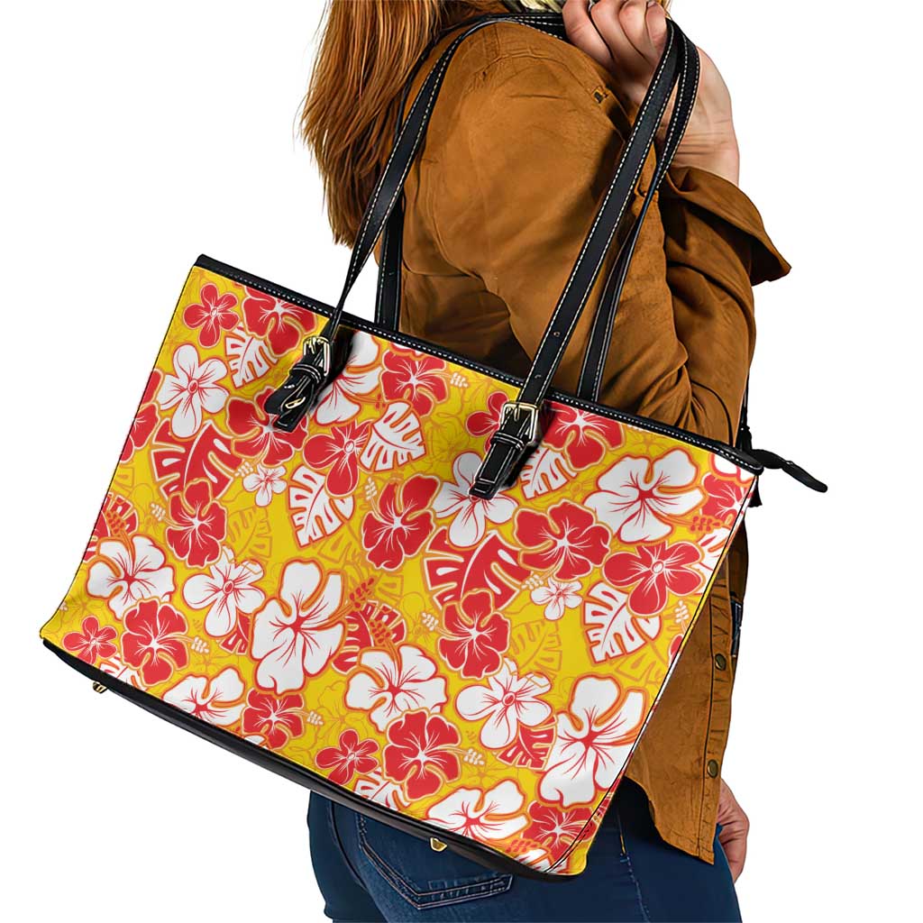 Yellow Hawaii Hibiscus Leather Tote Bag Tropical Flowers Seamless Pattern - Polynesian Pride