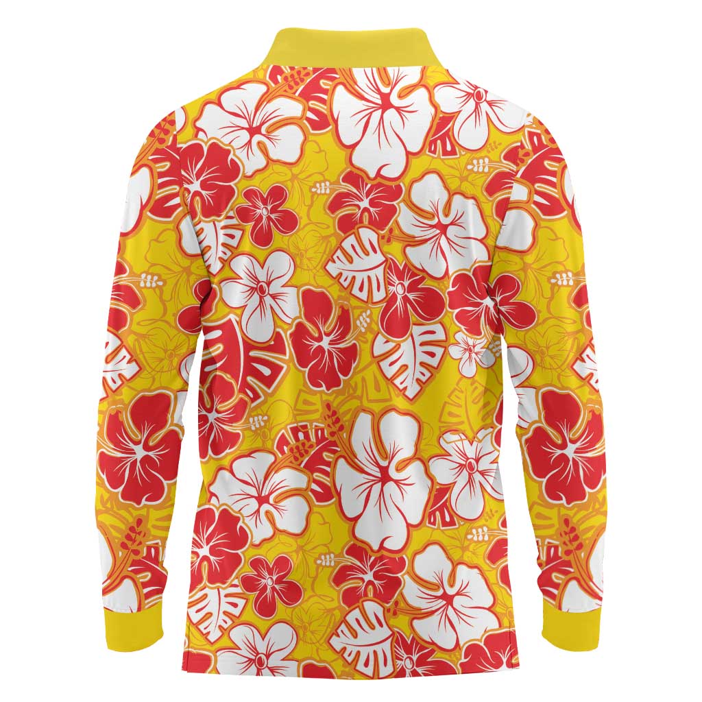 Yellow Hawaii Hibiscus Long Sleeve Polo Shirt Tropical Flowers Seamless Pattern LT14 - Polynesian Pride
