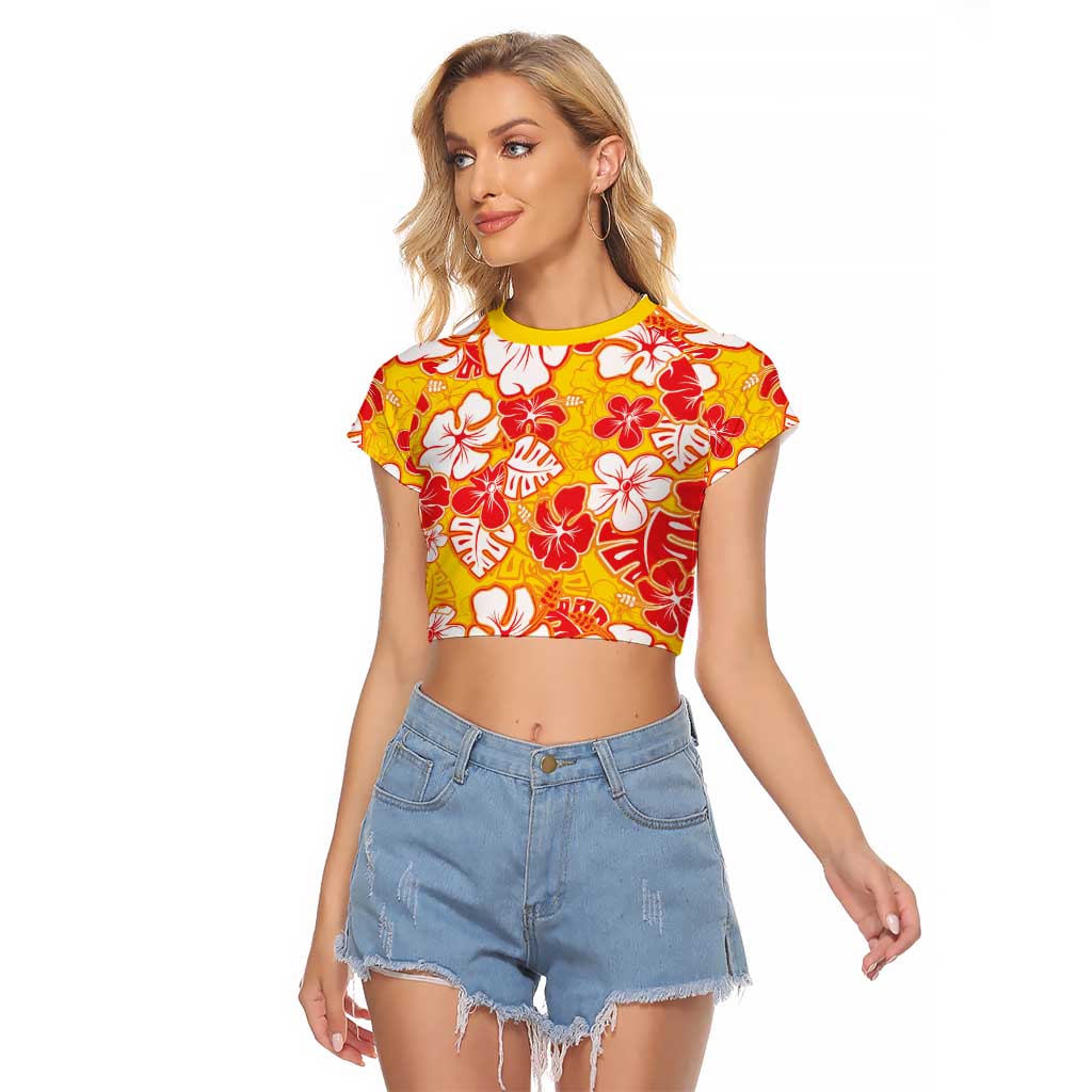 Yellow Hawaii Hibiscus Raglan Cropped T Shirt Tropical Flowers Seamless Pattern - Polynesian Pride