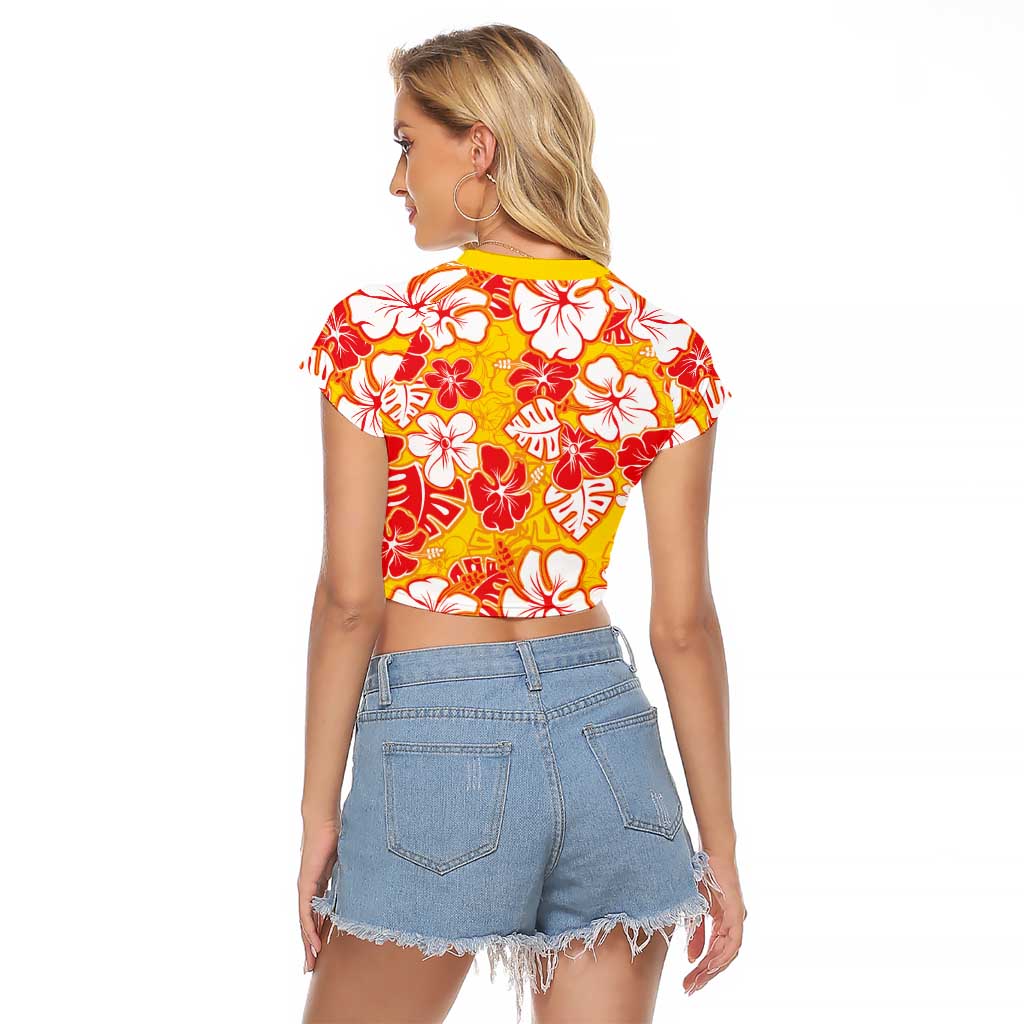 Yellow Hawaii Hibiscus Raglan Cropped T Shirt Tropical Flowers Seamless Pattern - Polynesian Pride