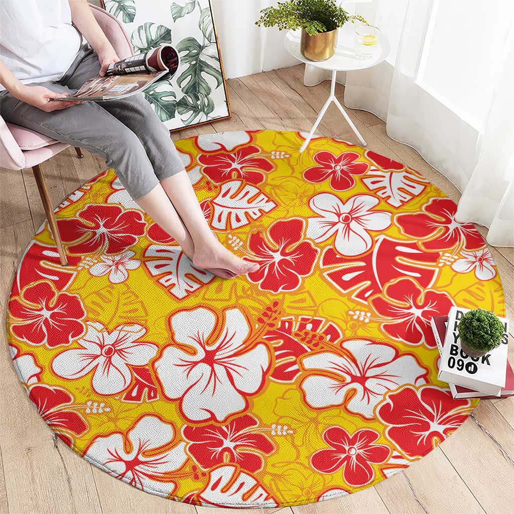 Yellow Hawaii Hibiscus Round Carpet Tropical Flowers Seamless Pattern - Polynesian Pride
