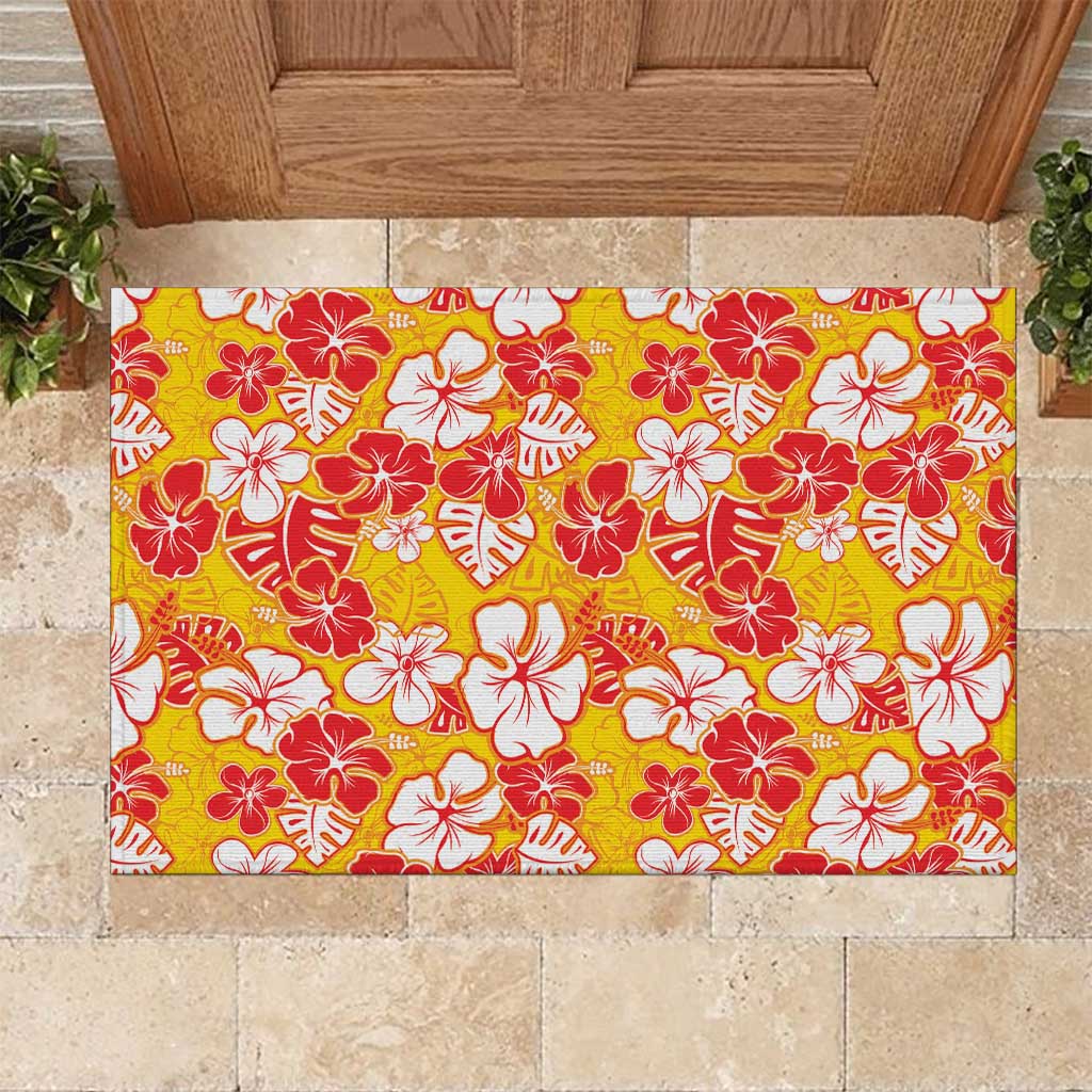 Yellow Hawaii Hibiscus Rubber Doormat Tropical Flowers Seamless Pattern - Polynesian Pride