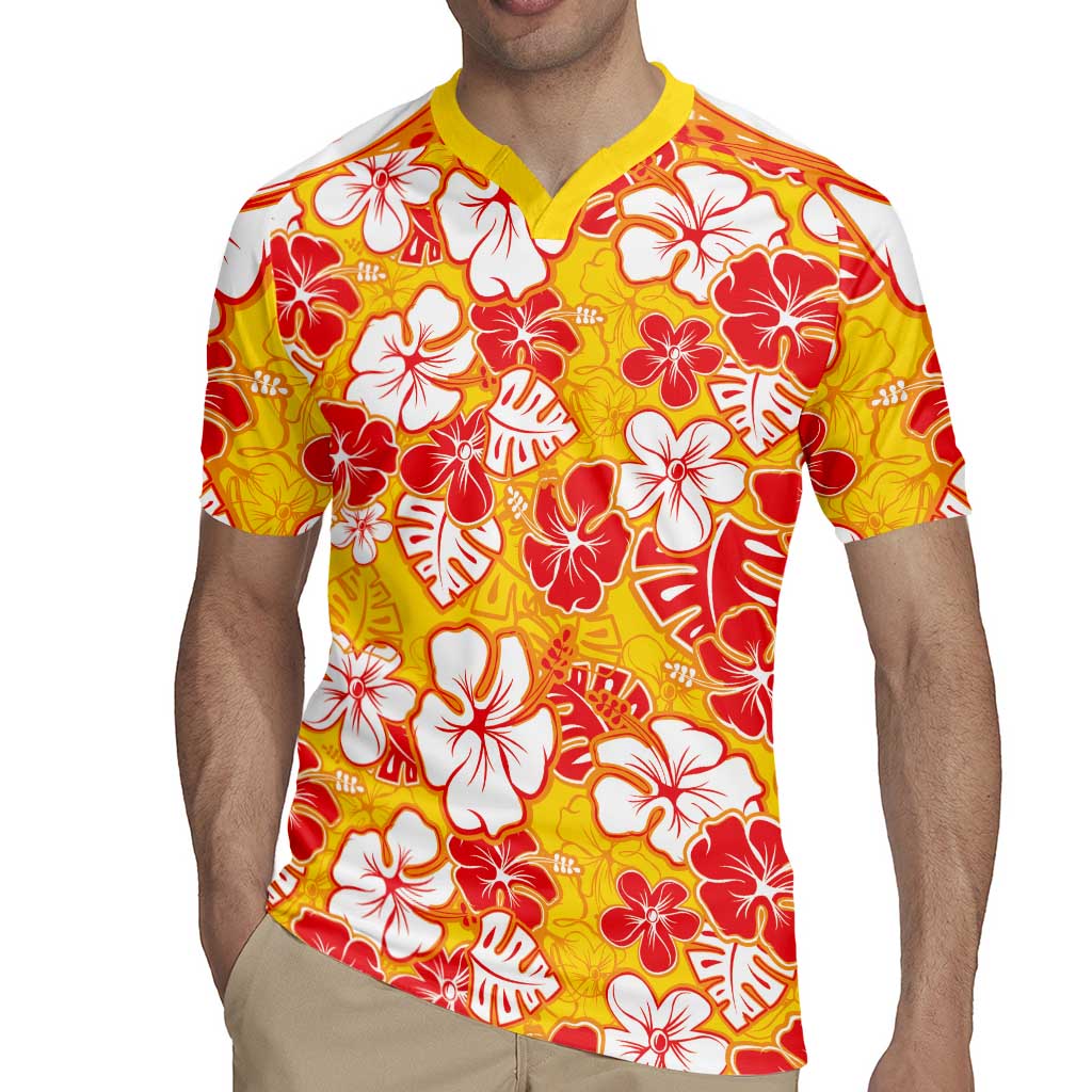 Yellow Hawaii Hibiscus Rugby Jersey Tropical Flowers Seamless Pattern - Polynesian Pride