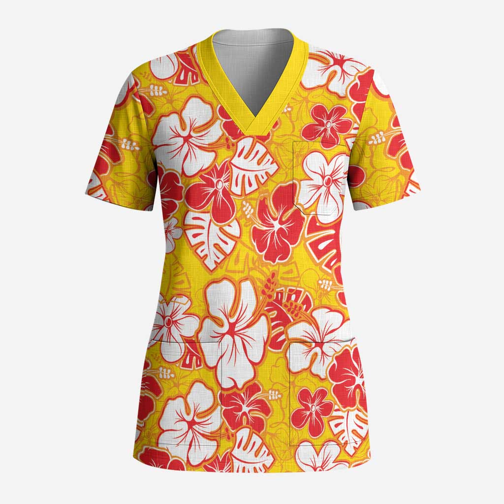 Yellow Hawaii Hibiscus Scrub Top Tropical Flowers Seamless Pattern LT14 Adult Yellow - Polynesian Pride