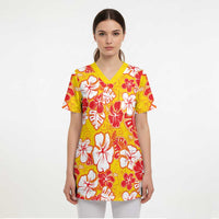 Yellow Hawaii Hibiscus Scrub Top Tropical Flowers Seamless Pattern - Polynesian Pride