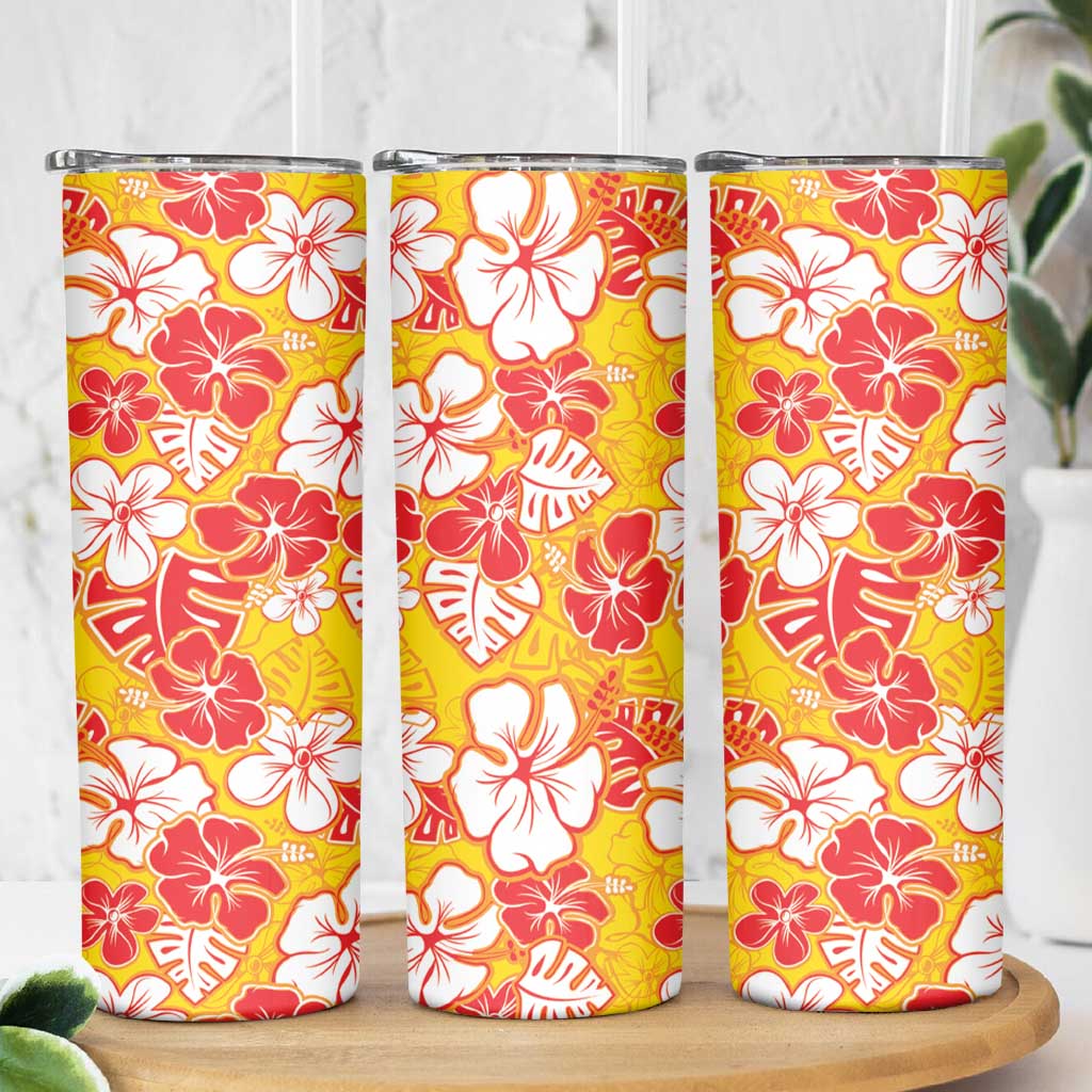 Yellow Hawaii Hibiscus Skinny Tumbler Tropical Flowers Seamless Pattern - Polynesian Pride
