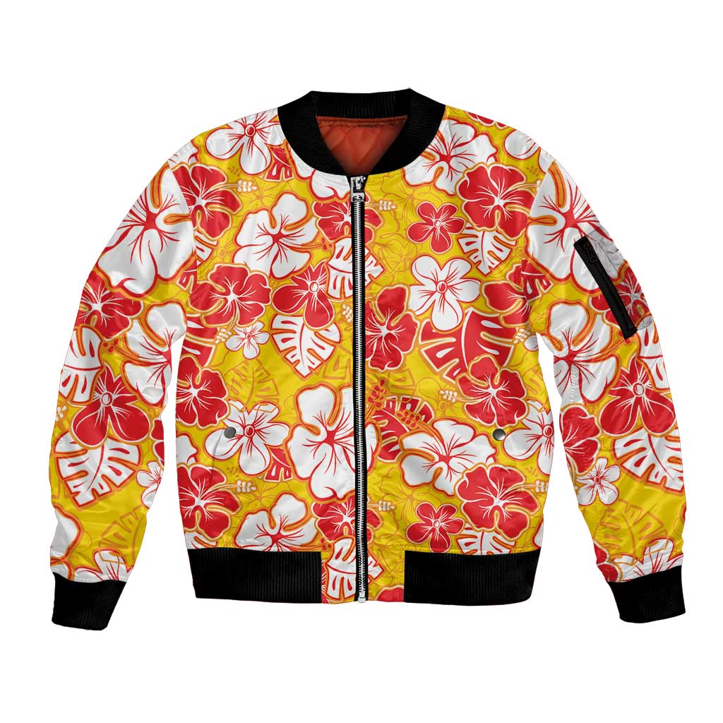 Yellow Hawaii Hibiscus Sleeve Zip Bomber Jacket Tropical Flowers Seamless Pattern - Polynesian Pride