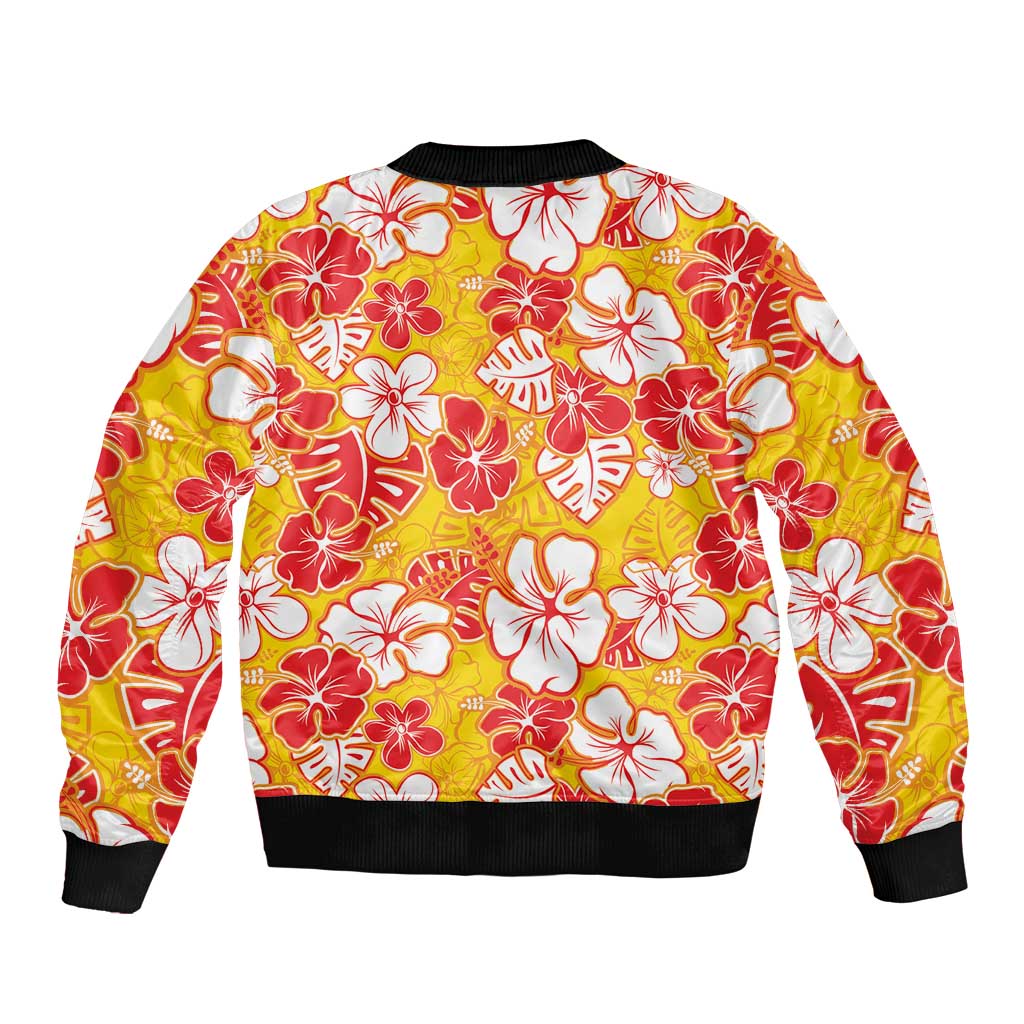 Yellow Hawaii Hibiscus Sleeve Zip Bomber Jacket Tropical Flowers Seamless Pattern LT14 - Polynesian Pride