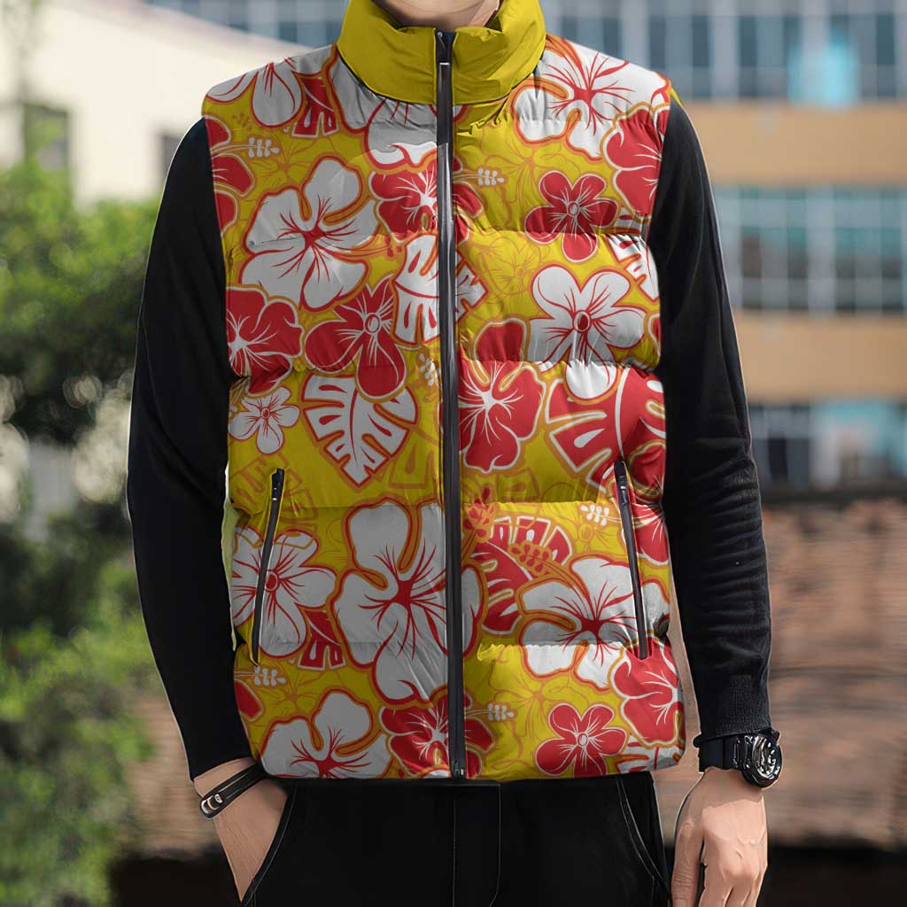 Yellow Hawaii Hibiscus Sleeveless Puffer Jacket Tropical Flowers Seamless Pattern - Polynesian Pride