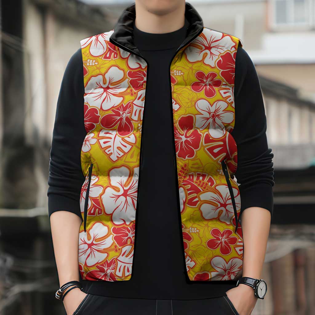 Yellow Hawaii Hibiscus Sleeveless Puffer Jacket Tropical Flowers Seamless Pattern - Polynesian Pride