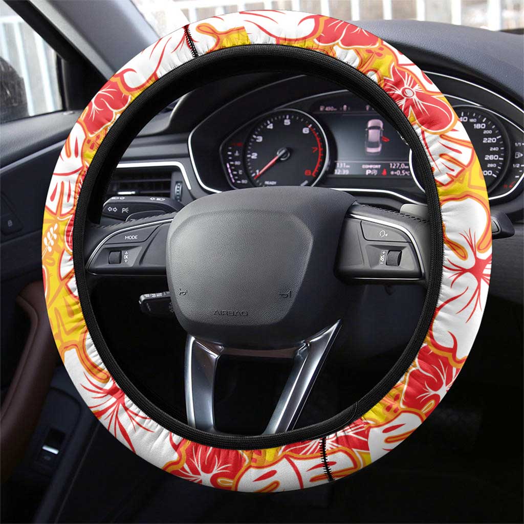 Yellow Hawaii Hibiscus Steering Wheel Cover Tropical Flowers Seamless Pattern - Polynesian Pride