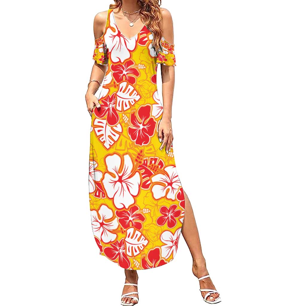 Yellow Hawaii Hibiscus Summer Maxi Dress Tropical Flowers Seamless Pattern - Polynesian Pride