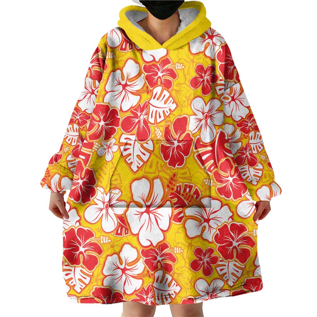 Yellow Hawaii Hibiscus Wearable Blanket Hoodie Tropical Flowers Seamless Pattern LT14 - Polynesian Pride