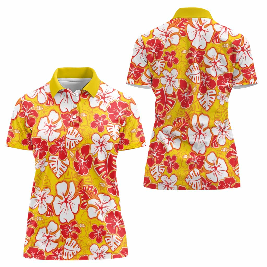 Yellow Hawaii Hibiscus Women Polo Shirt Tropical Flowers Seamless Pattern - Polynesian Pride