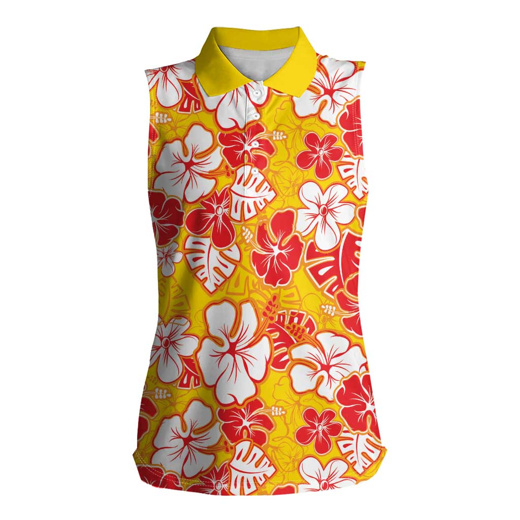 Yellow Hawaii Hibiscus Women Sleeveless Polo Shirt Tropical Flowers Seamless Pattern - Polynesian Pride