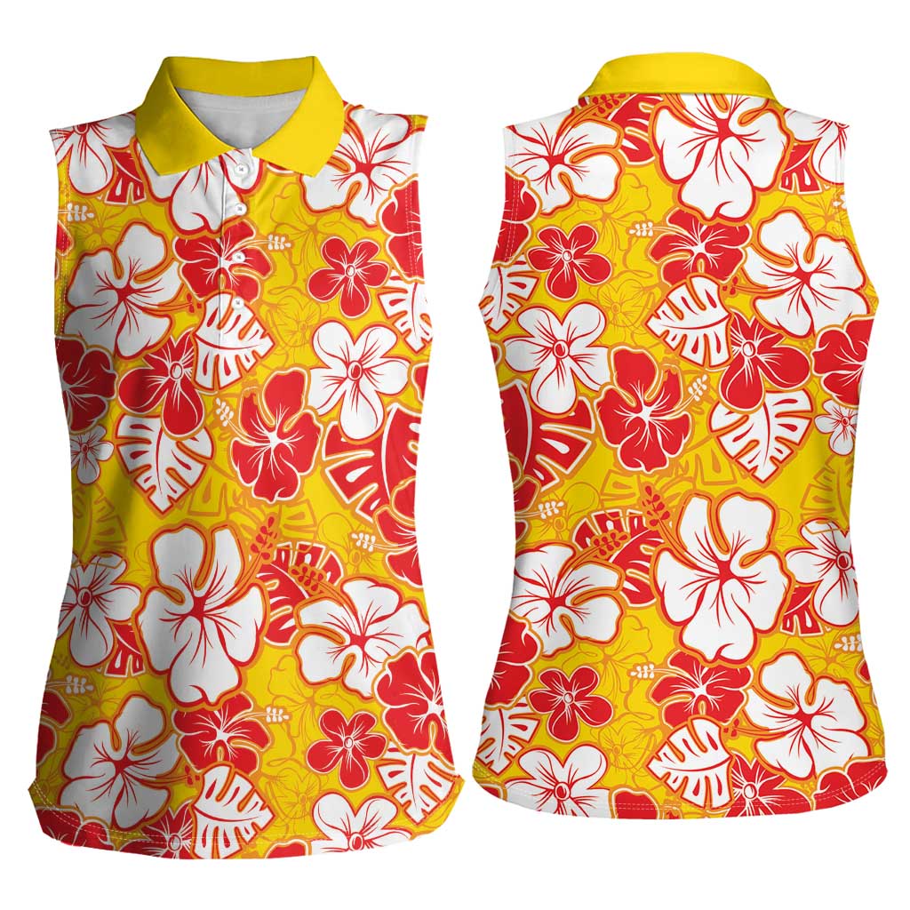 Yellow Hawaii Hibiscus Women Sleeveless Polo Shirt Tropical Flowers Seamless Pattern LT14 - Polynesian Pride