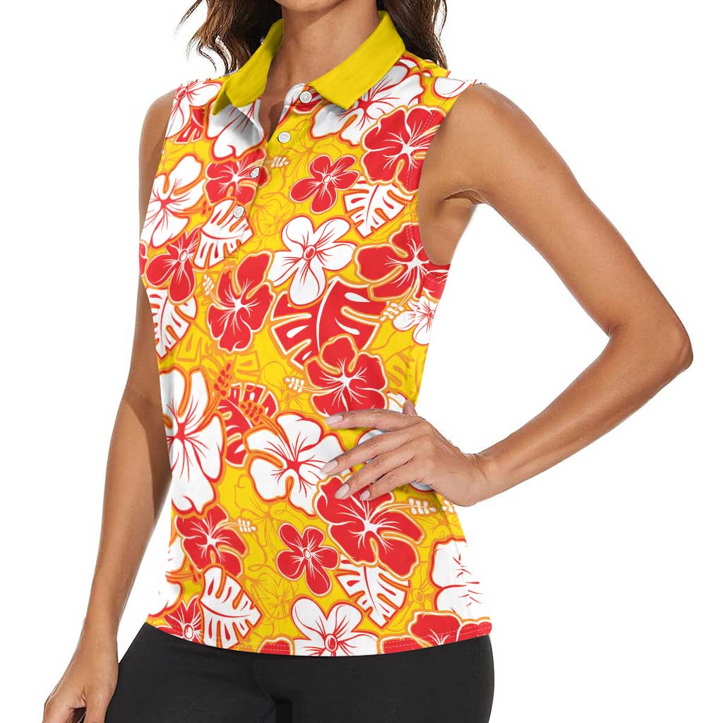 Yellow Hawaii Hibiscus Women Sleeveless Polo Shirt Tropical Flowers Seamless Pattern LT14 - Polynesian Pride