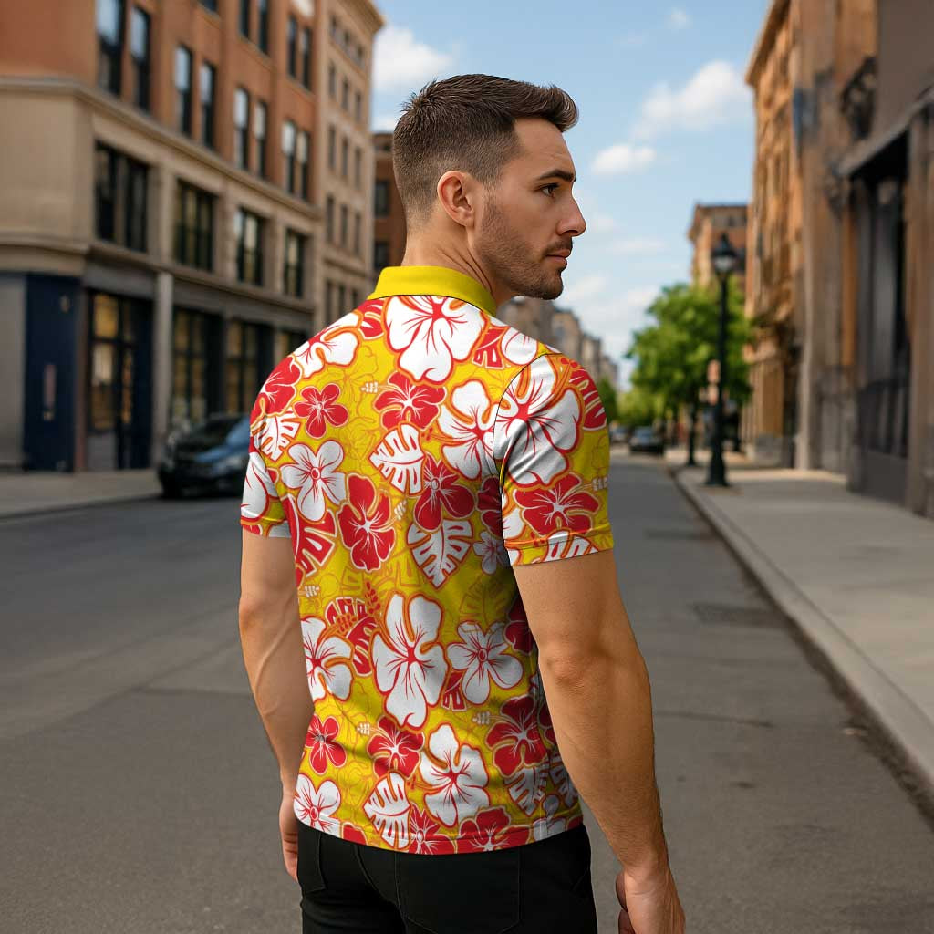 Yellow Hawaii Hibiscus Zipper Polo Shirt Tropical Flowers Seamless Pattern - Polynesian Pride