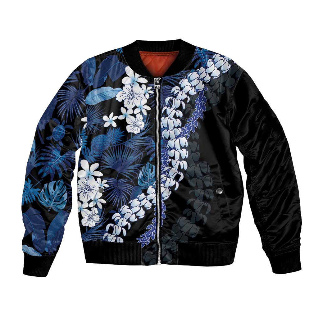 Polu Aloha Hawaii Lei Bomber Jacket Tropical Flowers Elegant Vibe LT14 Unisex Blue - Polynesian Pride