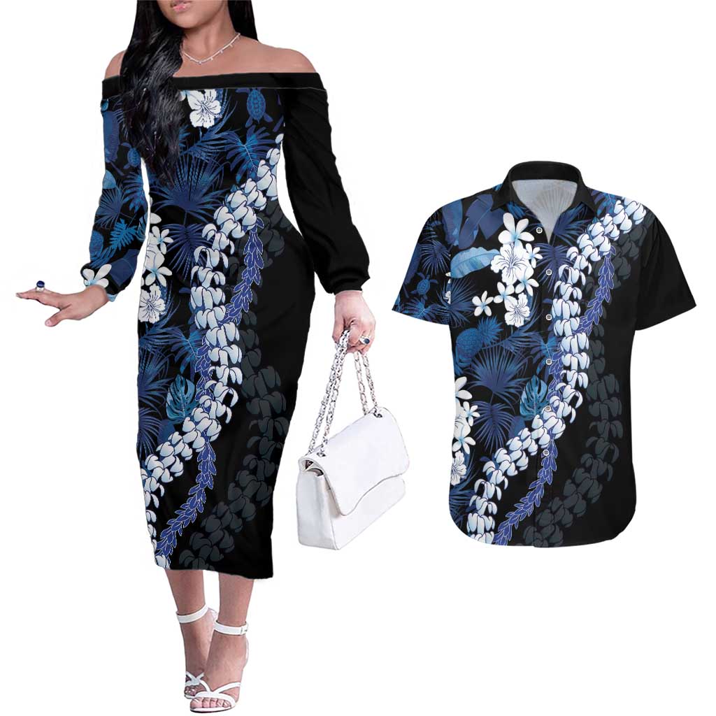 Polu Aloha Hawaii Lei Couples Matching Off The Shoulder Long Sleeve Dress and Hawaiian Shirt Tropical Flowers Elegant Vibe - Polynesian Pride