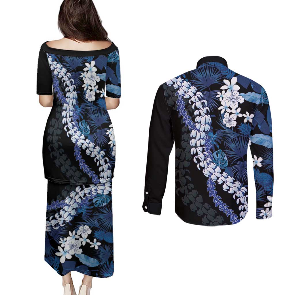 Polu Aloha Hawaii Lei Couples Matching Puletasi and Long Sleeve Button Shirt Tropical Flowers Elegant Vibe - Polynesian Pride
