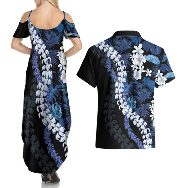 Hawaii Summer Couples Matching Outfits Combo Long Sleeve Dress Mix Polynesian Dark Blue LT6 main image 0