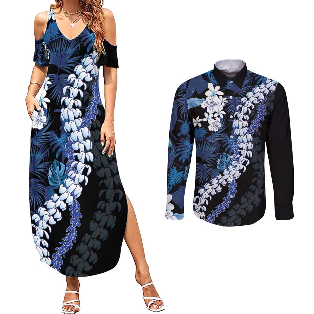 Polu Aloha Hawaii Lei Couples Matching Summer Maxi Dress and Long Sleeve Button Shirt Tropical Flowers Elegant Vibe - Polynesian Pride